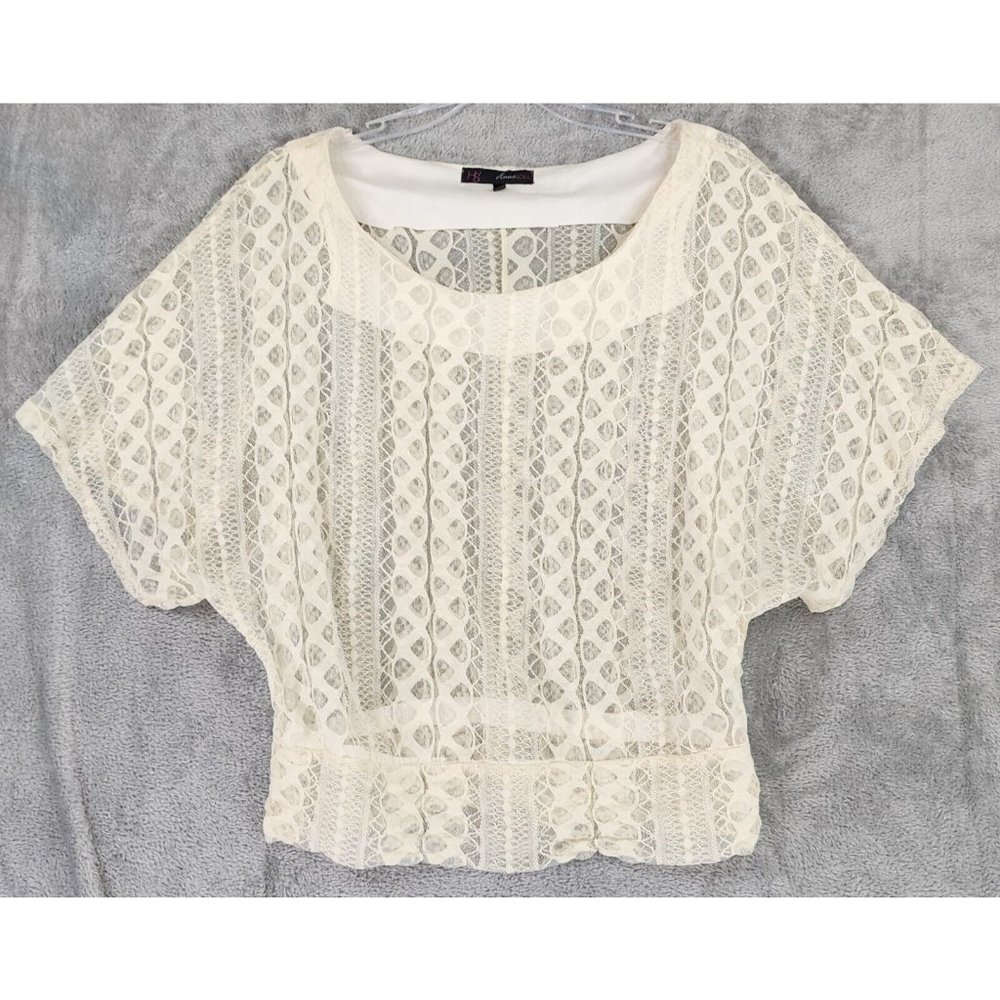 Heart Soul Shirt Womens Large Cream Lace Preppy Casual Short Sleeve Blouse
